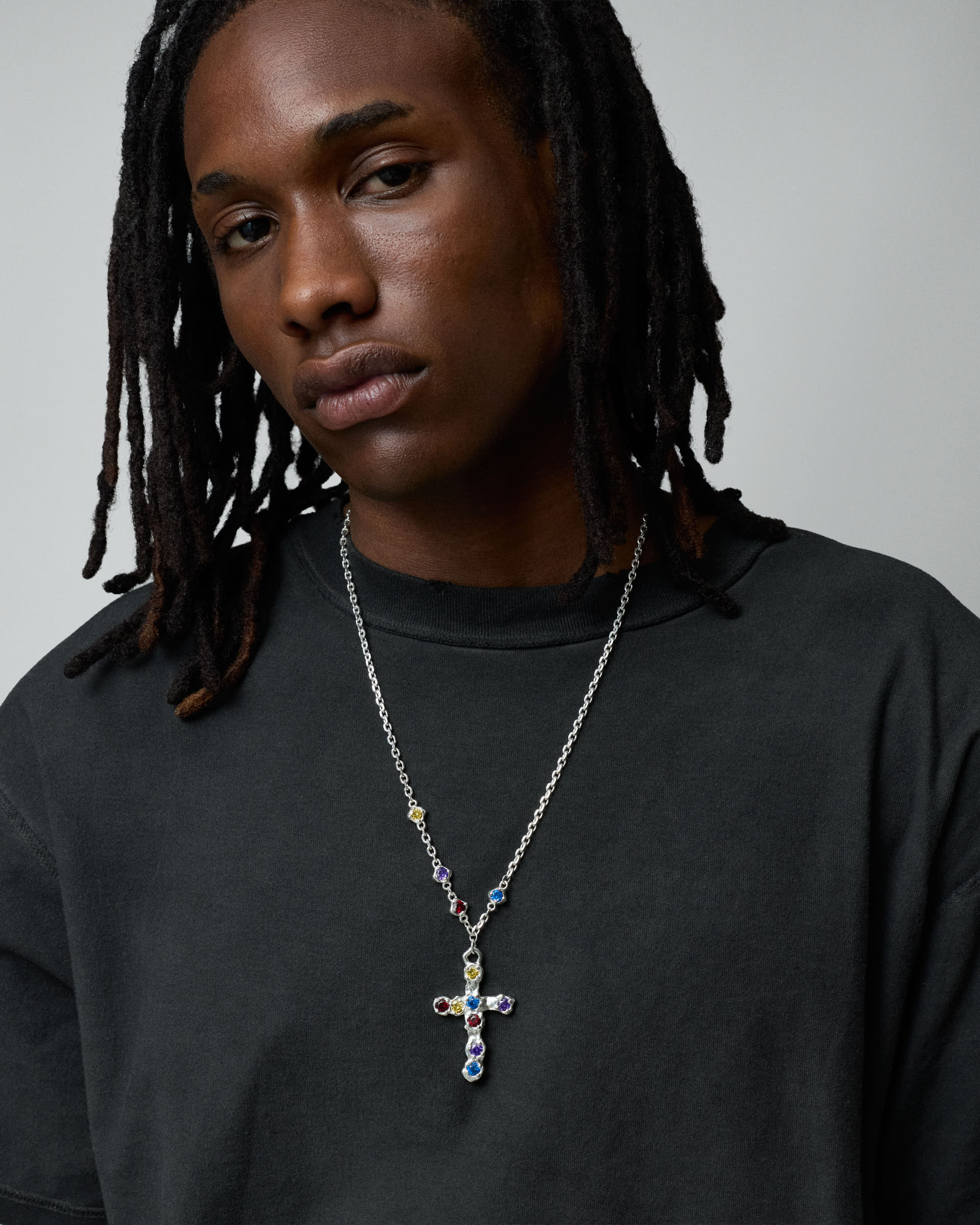 Heavy Multicolor Stone Cross Necklace - Image 2