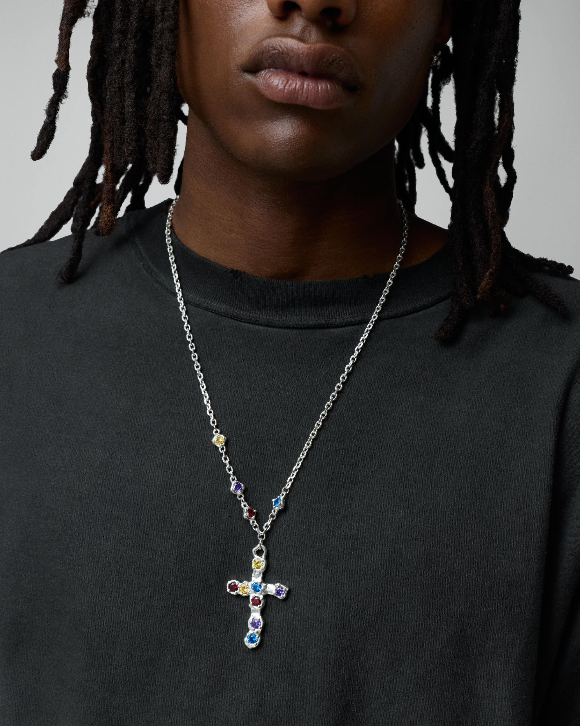 Heavy Multicolor Stone Cross Necklace - Image 3