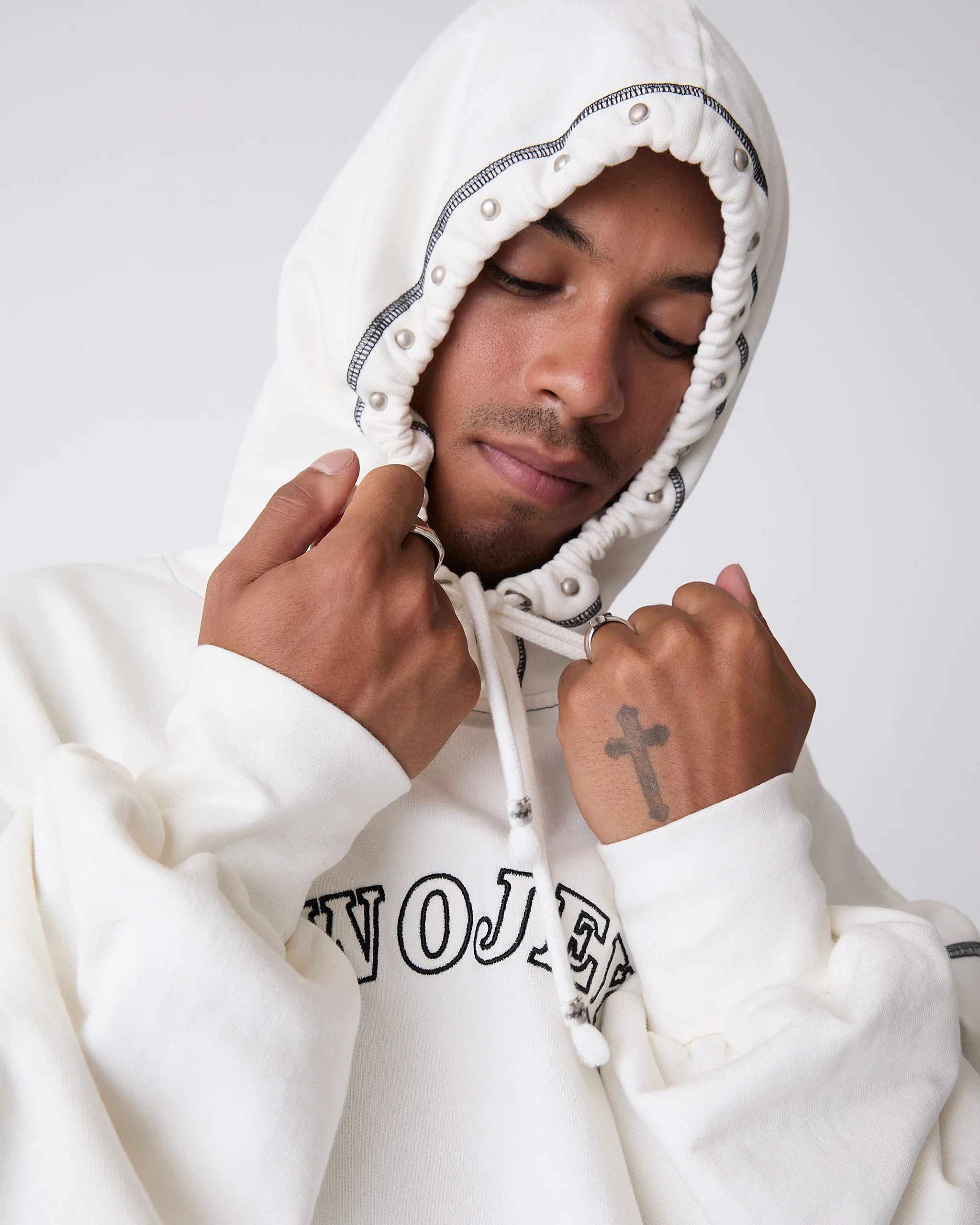 White Contrast Varsity Stud Hoodie - Image 3
